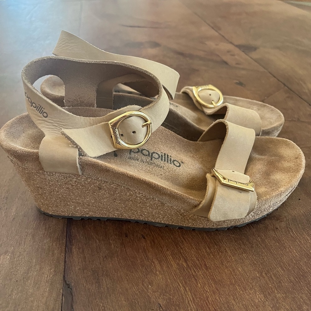 Papillio Birkenstock Soley gold ring buckle wedge sandals.